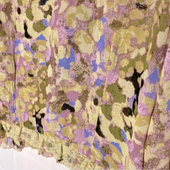 Lloyd Williams Yellow Purple Semi Sheer Abstract Print Button Up Mock Neck Top M - Picture 6 of 14